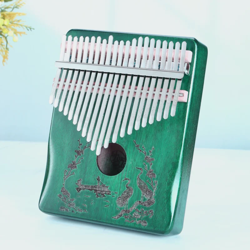 Kalimba 21 keys solid beech wood - green color - Asian boat and crane motif