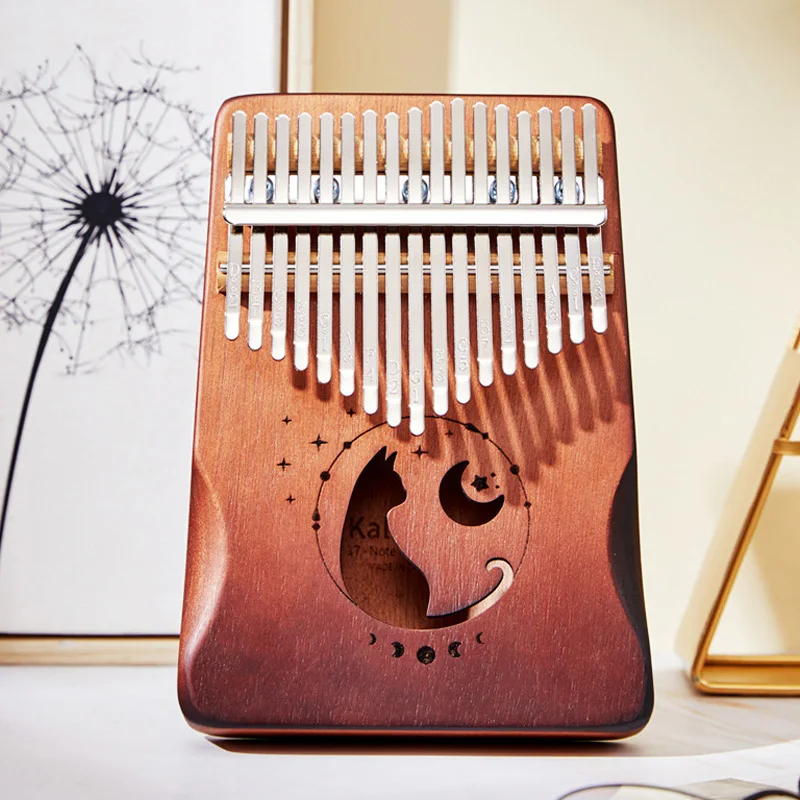 Sf716a8e9aa6f4df686011383a5f5c5f0z.webp Kalimba 17 keys mahogany - Cat and starry moon motif